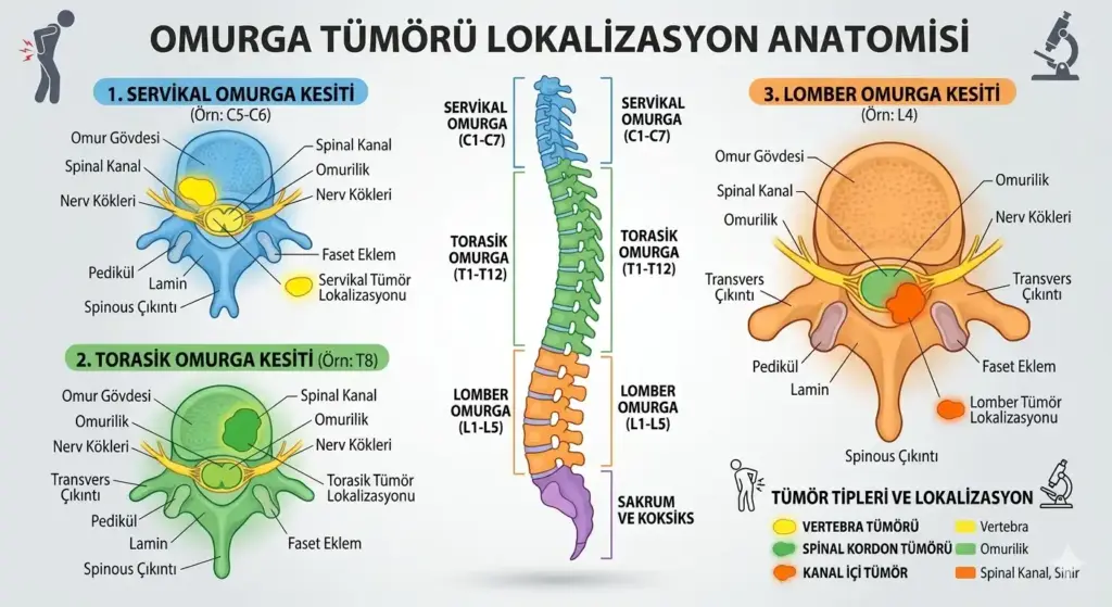 Servikal, torasik ve lomber omurga kesitleri üzerinde tümör lokalizasyonlarını gösteren anatomik infografik. Omur gövdesi, spinal kanal, omurilik ve sinir kökleri üzerindeki tümör yerleşimlerinin (vertebra, spinal kordon ve kanal içi tümörler) şematik gösterimi.