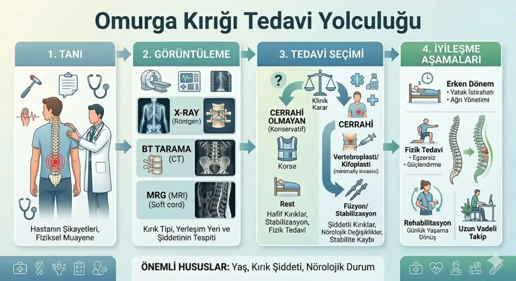Omurga kırığı tedavi yolculuğu akış diyagramı. Fiziksel muayene, röntgen, BT ve MRG görüntüleme, cerrahi ve cerrahi olmayan tedavi seçenekleri ile fizik tedavi ve iyileşme aşamaları.
