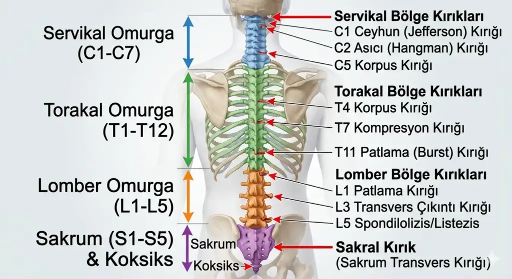 Omurga bölgelerini (servikal, torakal, lomber, sakral) ve bu bölgelerde sık görülen C1 Jefferson, C2 Hangman ve L1 patlama kırığı gibi lokalizasyonları gösteren anatomik şema.