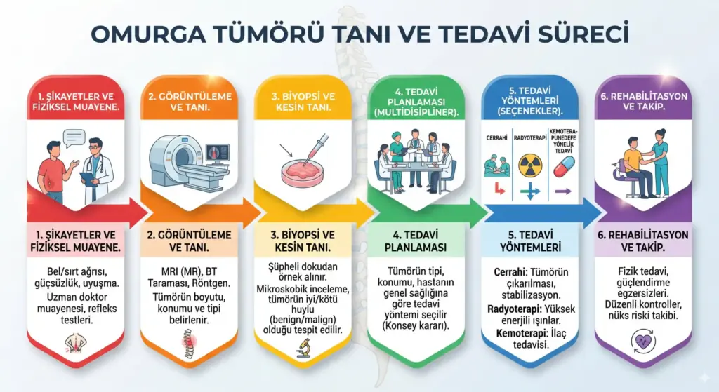 Omurga tümörü tanı ve tedavi süreci adımları; fiziksel muayene, MR/BT görüntüleme, biyopsi, multidisipliner tedavi planlaması, cerrahi/radyoterapi seçenekleri ve rehabilitasyon aşamalarını gösteren infografik akış şeması.
