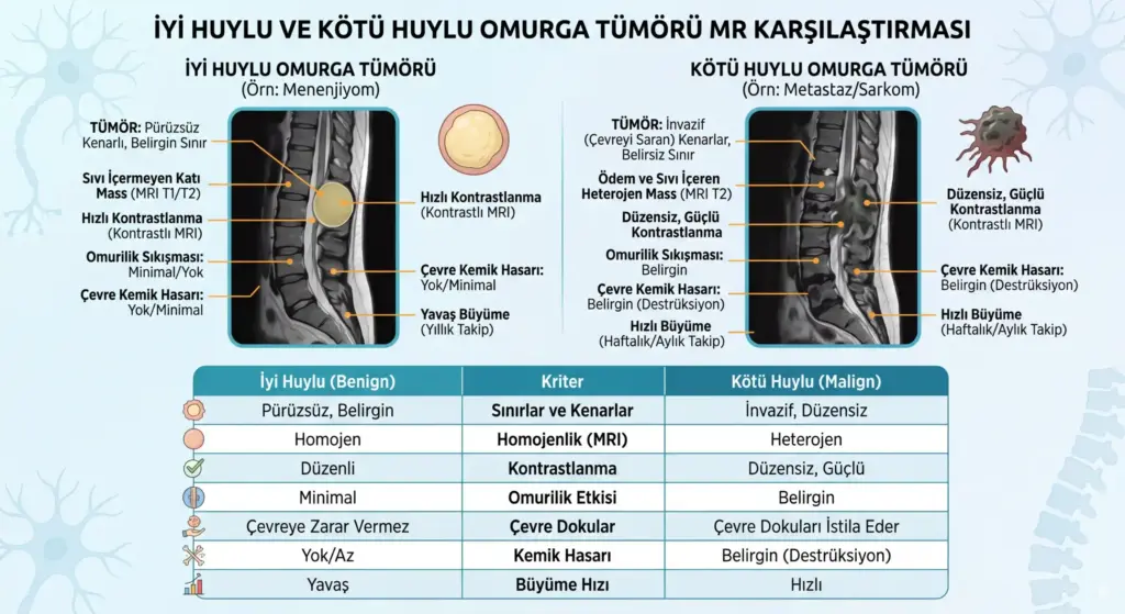İyi huylu (benign) ve kötü huylu (malign) omurga tümörlerinin MR (Emar) karşılaştırması. Meninjiyom ve metastatik/sarkom vakalarında tümör sınırları, kemik hasarı, kontrastlanma özellikleri ve omurilik üzerindeki etkilerin radyolojik farklarını gösteren tıbbi şema.