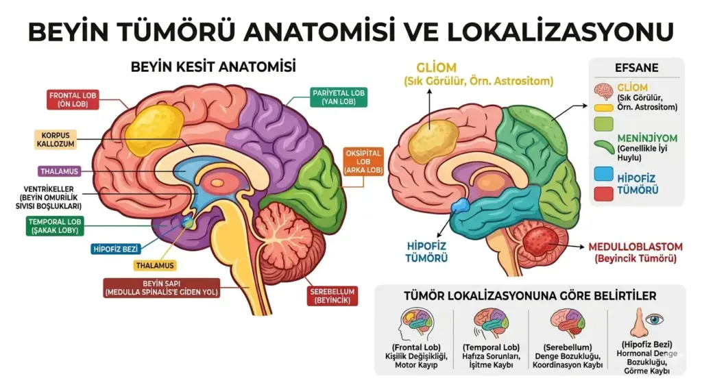 İnsan beyni kesit anatomisi üzerinde frontal, temporal, paryetal loblar ile beyincik ve hipofiz bezi lokalizasyonlarını gösteren infografik. Gliom, meninjiyom ve medulloblastom gibi tümör tiplerinin beyindeki yerleşim yerleri ve buna bağlı gelişen belirtiler.