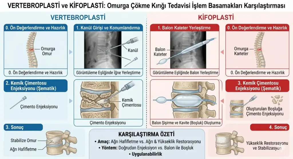 Vertebroplasti ve Kifoplasti tekniklerini karşılaştıran tıbbi infografik. Omurga çökme kırığı tedavisi için kemik çimentosu enjeksiyonu ve balon dilatasyonu işlem basamaklarının şematik gösterimi.