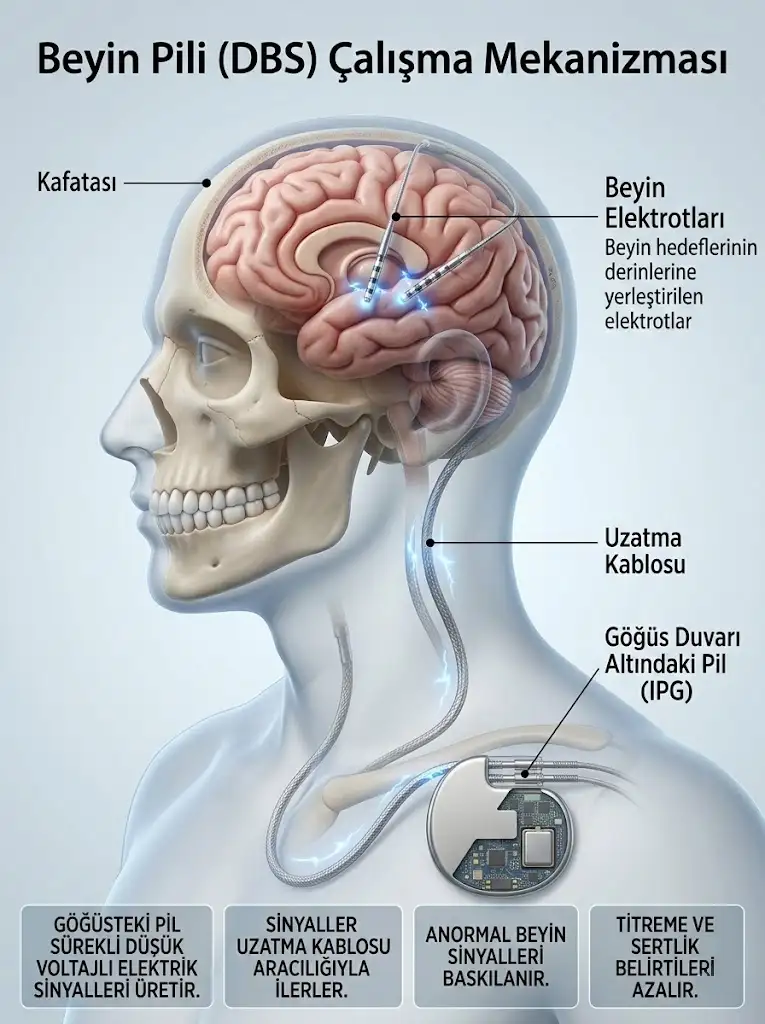 Derin Beyin Stimülasyonu (DBS) sistemi bileşenlerini, beyin elektrotlarını ve göğüs altı pilini gösteren Türkçe etiketli tıbbi illüstrasyon.