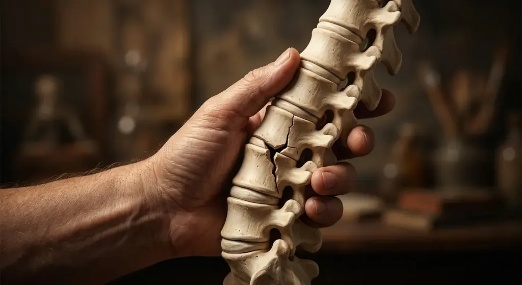 omurga iskeleti modeli; lomber bölgedeki omur kırığının kırmızı renkli anatomik gösterimi.