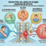 Boyun fıtığının kol ağrısı dışındaki belirtileri olan baş dönmesi, el becerisinde azalma, denge kaybı ve baş ağrısını gösteren açıklayıcı infografik.