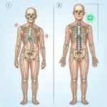 Skolyozlu bir iskeletin ameliyat öncesi eğri duruşu ile ameliyat sonrası düzeltilmiş ve boyu uzamış halini karşılaştıran yazısız şematik çizim.