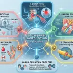 El uyuşmasının nedenleri olan boyun fıtığı, karpal tünel sendromu, diyabetik nöropati ve B12 eksikliği gibi durumları karşılaştıran, EMG ve doktor muayenesi süreçlerini içeren kapsamlı infografik.