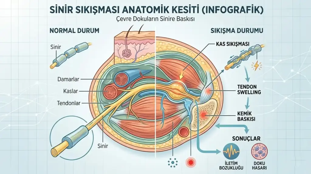 Normal bir sinir yapısı ile kas sıkışması, tendon şişmesi ve kemik baskısı nedeniyle deforme olmuş bir sinirin karşılaştırmalı anatomik kesit şeması.