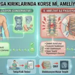Omurga vertebra anatomisi üzerinde kama (wedge), patlama (burst) ve aksiyel kompresyon kırığı türlerini gösteren, servikalden lumbara omurga bölümlerini içeren teknik şema.
