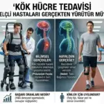 Felçli bir hastanın kök hücre tedavisi sonrası robotik dış iskelet desteği ve bağımsız yürüme aşamalarını gösteren tıbbi illüstrasyon; bilimsel gerçekler ve potansiyel faydalar özeti.