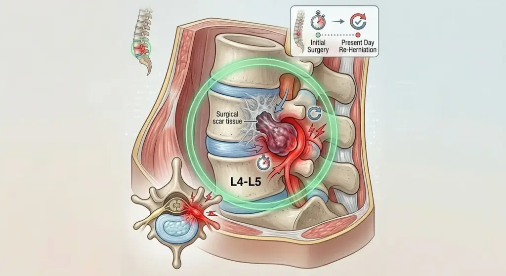 L4-L5 omurga seviyesinde daha önce operasyon geçirmiş bir diskte oluşan yeni fıtıklaşmayı ve cerrahi skar (yapışıklık) dokusunu gösteren anatomik kesit şeması.