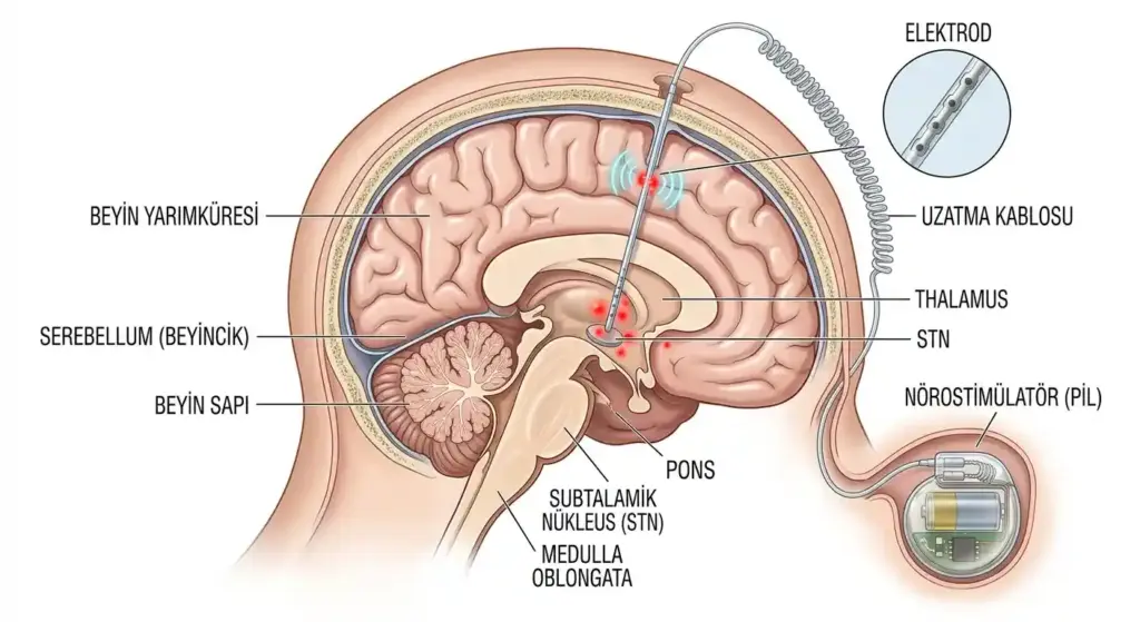 İnsan beyninde beyin pili (DBS) bileşenleri: Nörostimülatör, elektrod ve uzatma kablosunun yerleşimi ile Subtalamik Nükleus (STN) hedef bölgesi anatomik çizimi.