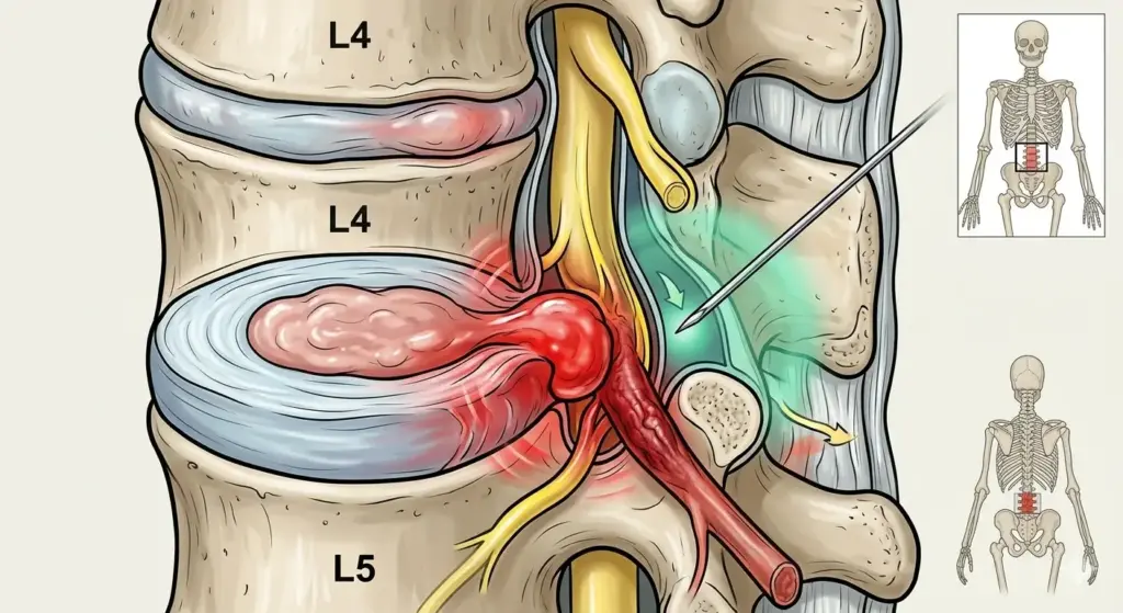 Lomber omurga (L4-L5) kesitinde disk fıtığının sinir köküne yaptığı basıyı ve tedavi amaçlı iğnenin hedeflediği epidural alanı gösteren anatomik illüstrasyon.