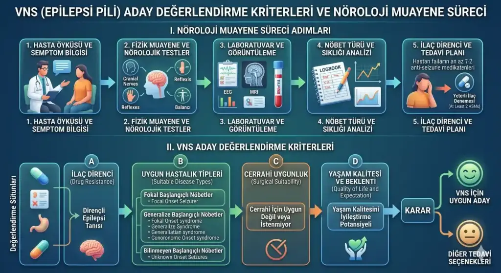 VNS (Epilepsi Pili) aday seçim kriterleri ve nöroloji muayene aşamaları infografiği; ilaç direnci, nöbet türü analizi ve cerrahi uygunluk değerlendirmesi.