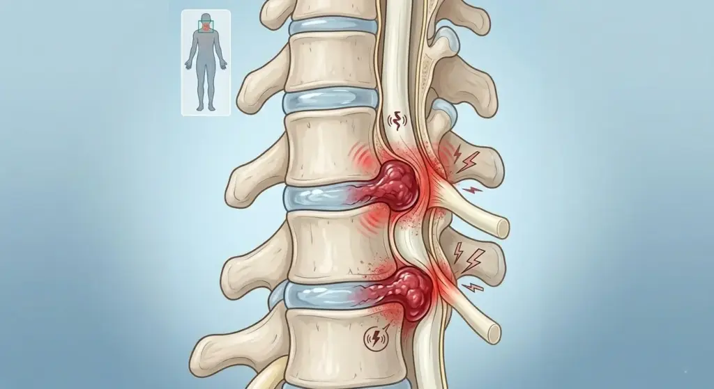 Servikal omurga şeması üzerinde C5-C6 ve C6-C7 seviyelerindeki fıtıkların omurilik ve sinir köklerine yaptığı basıyı gösteren yazısız anatomik illüstrasyon.
