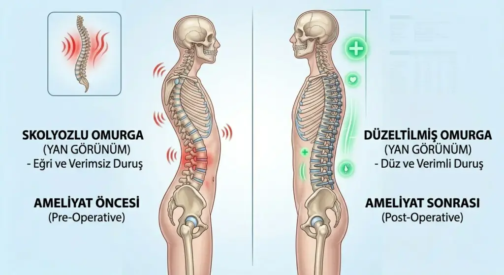 Skolyozlu omurganın yan görünümünde (sagital plan) ameliyat öncesi verimsiz duruşu ve cerrahi sonrası vidalarla düzeltilmiş postürünü gösteren karşılaştırmalı şema.