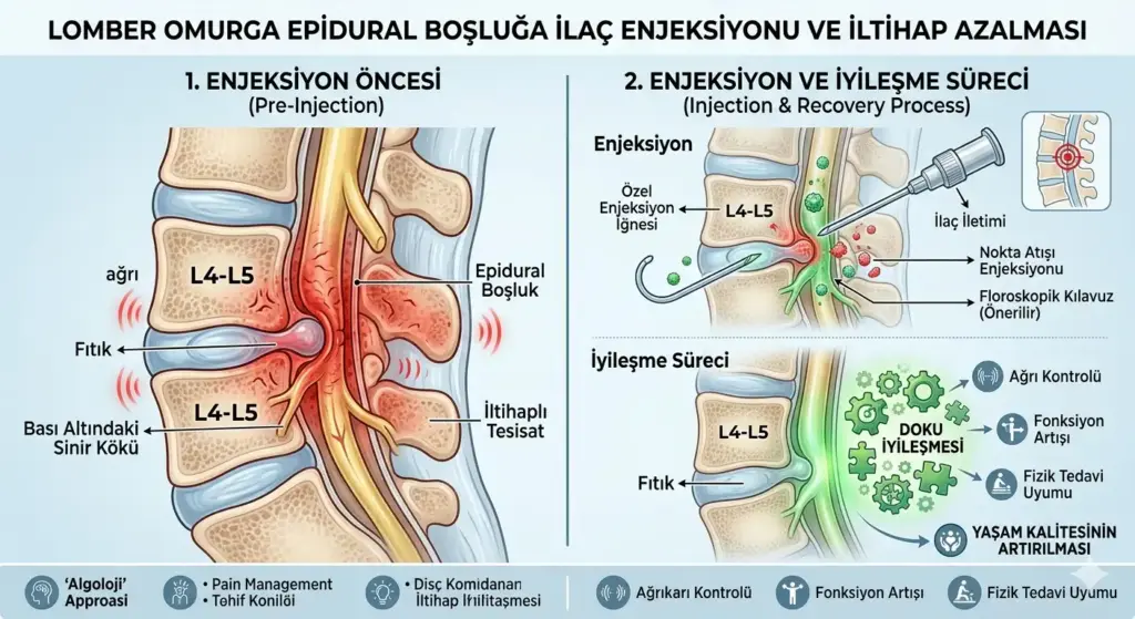 Lomber omurga kesitinde epidural boşluğa yapılan iğne enjeksiyonunu ve ilaç sonrası sinir kökü çevresindeki enflamasyonun (ödemin) azalmasını gösteren karşılaştırmalı şema.
