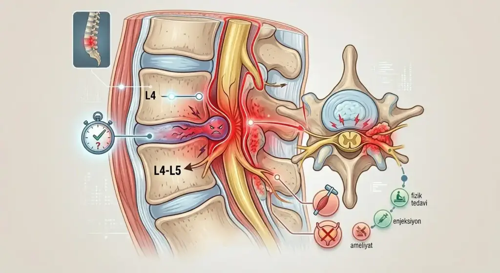 L4-L5 seviyesinde omurilik kanal daralmasını (stenoz), fıtıklaşmış diskin sinir köküne yaptığı basıyı ve bu duruma bağlı inflamasyonu gösteren detaylı kesit anatomisi.
