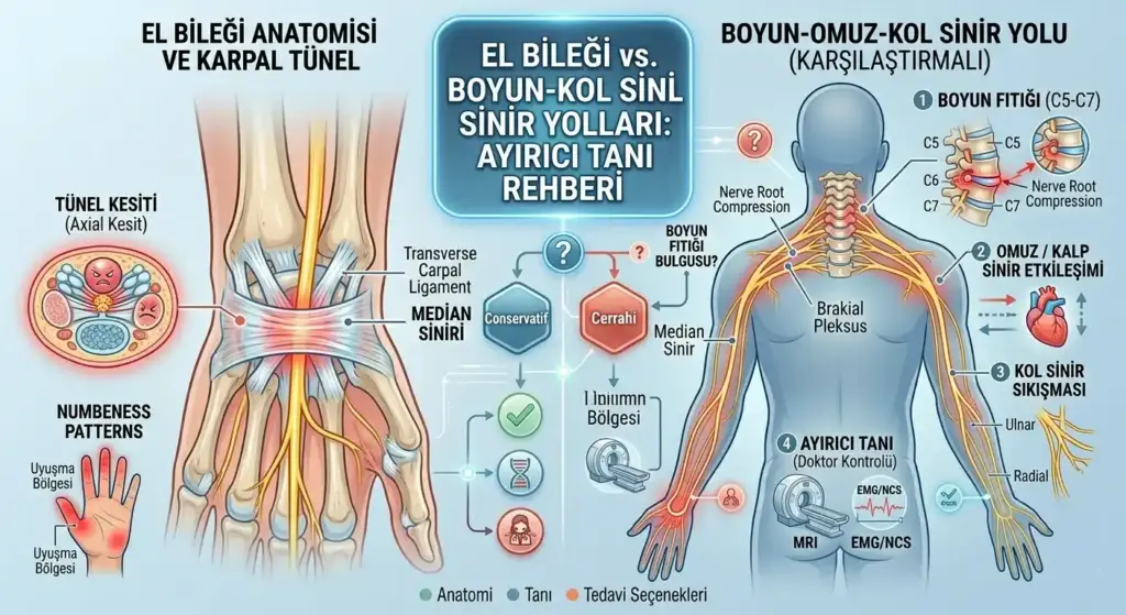 El bileğindeki karpal tünel kesiti ve median siniri ile boyun-omuz-kol hattındaki sinir yollarını karşılaştıran, ayırıcı tanı yöntemlerini (MRI, EMG) içeren medikal illüstrasyon.