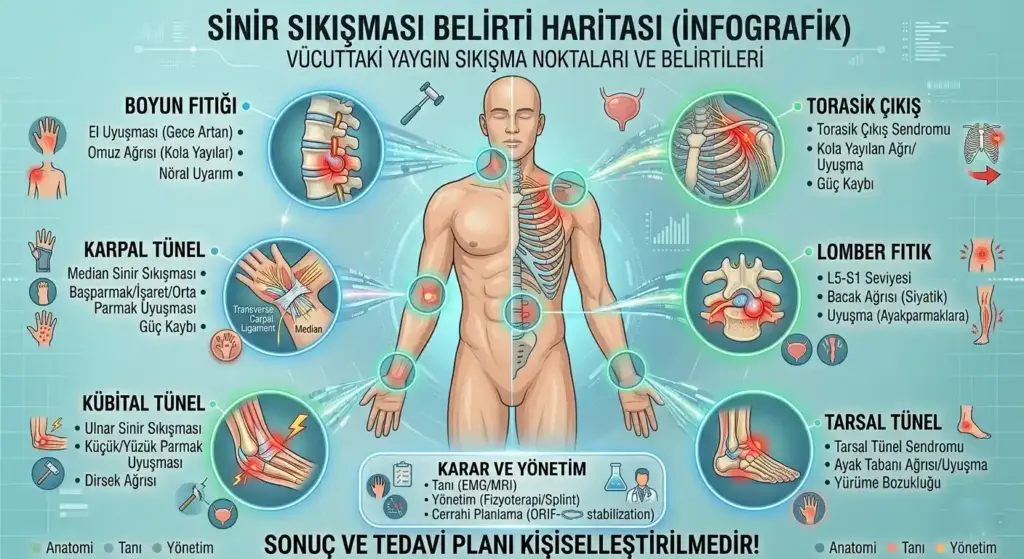 Vücuttaki yaygın sinir sıkışması noktalarını (boyun ve bel fıtığı, karpal, kübital, torasik çıkış ve tarsal tünel sendromları) ve bu bölgelere özgü belirtileri gösteren tam vücut infografiği.
