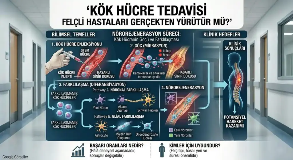 Kök hücrelerin hasarlı sinir dokusuna göçü (migrasyon) ve nöronal veya glial hücrelere farklılaşmasını (diferansiyasyon) gösteren hücresel düzeyde nörorejenerasyon infografiği.