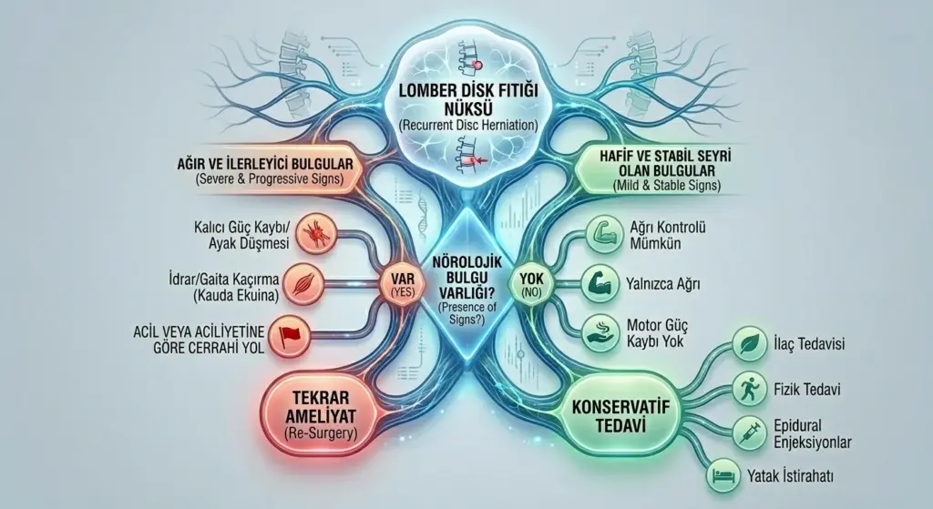 Tekrarlayan bel fıtığı (nüks) durumunda nörolojik bulgulara göre tekrar ameliyat veya konservatif tedavi seçeneklerini belirleyen karar akış diyagramı.