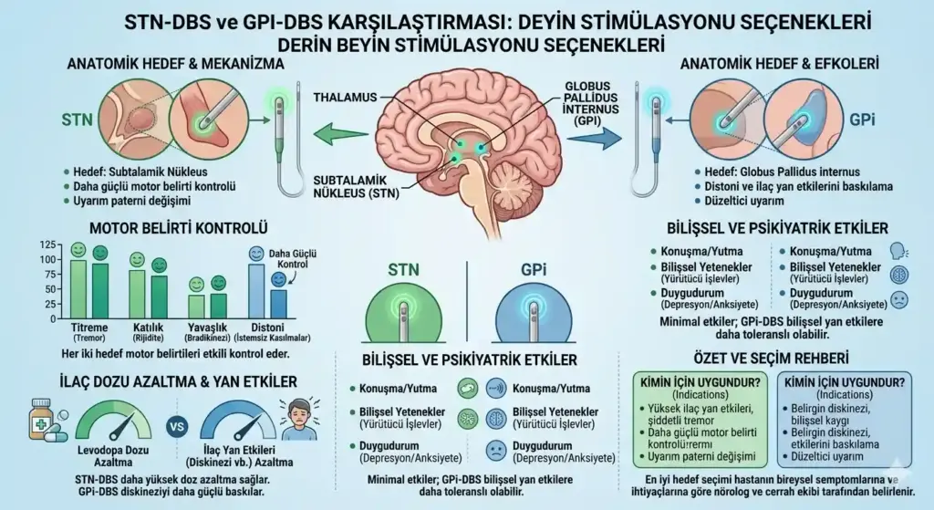 Derin Beyin Stimülasyonunda STN (Subtalamik Nükleus) ve GPi (Globus Pallidus Internus) hedeflerinin karşılaştırılması; motor belirti kontrolü ve bilişsel etkiler fark tablosu.