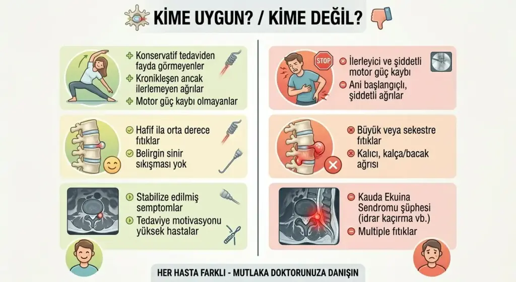 Bel fıtığı girişimsel tedavilerinin hangi hastalar için uygun olduğunu ve hangi durumlarda önerilmediğini gösteren iki sütunlu, ikon destekli karşılaştırma infografiği.