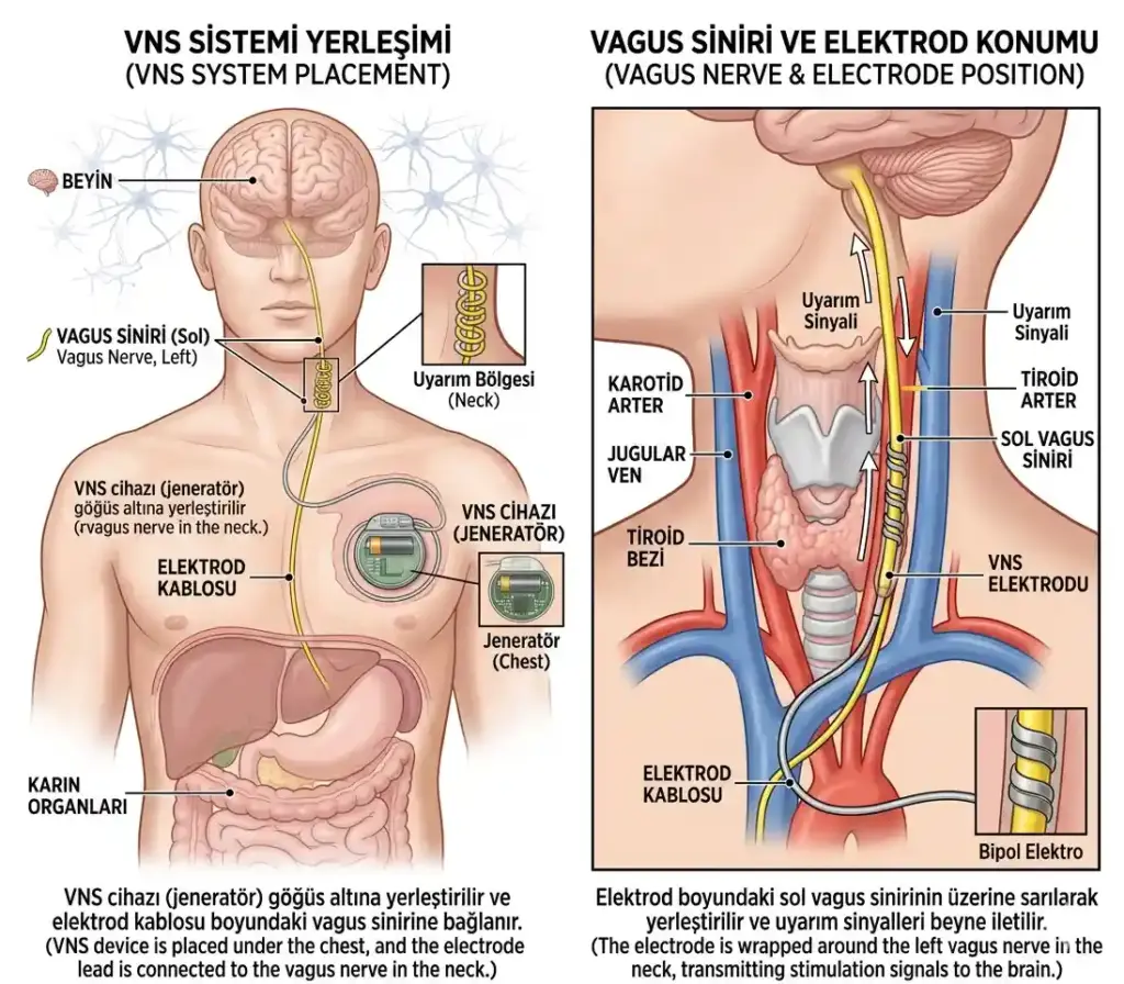 VNS cihazı (jeneratör) ve elektrod bağlantısının vücut üzerindeki konumu; sol vagus siniri üzerine yerleştirilen elektrod ve göğüs altındaki pil ünitesi anatomik çizimi.