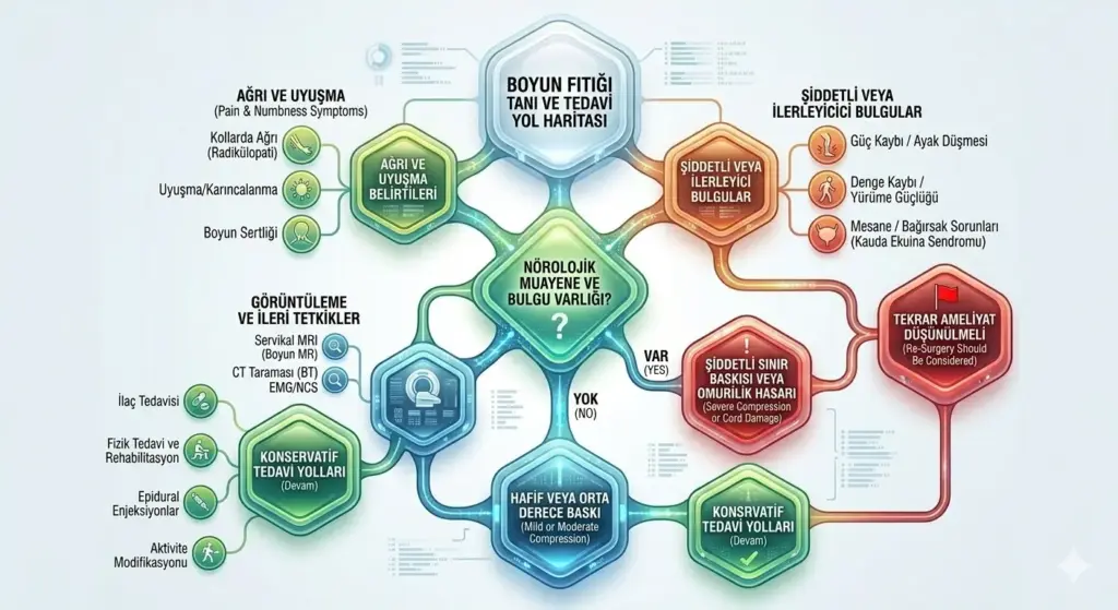 Boyun fıtığında şikayetlerden tanıya, MR görüntülemeden tedavi kararına (ameliyat vs. fizik tedavi) giden süreci özetleyen petek tasarımlı akış diyagramı.