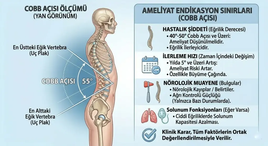 Skolyozda Cobb açısının nasıl ölçüldüğünü gösteren anatomik çizim ve ameliyat kararı için gereken derece sınırlarını (40-50 derece ve üzeri) içeren bilgilendirici infografik.