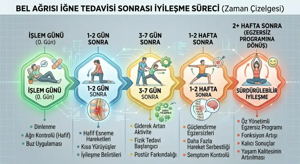 Bel ağrısı iğne tedavisi (nokta atışı) sonrası işlem gününden itibaren 2. haftaya kadar süren dinlenme, hafif aktivite ve egzersize dönüş aşamalarını gösteren zaman çizelgesi.