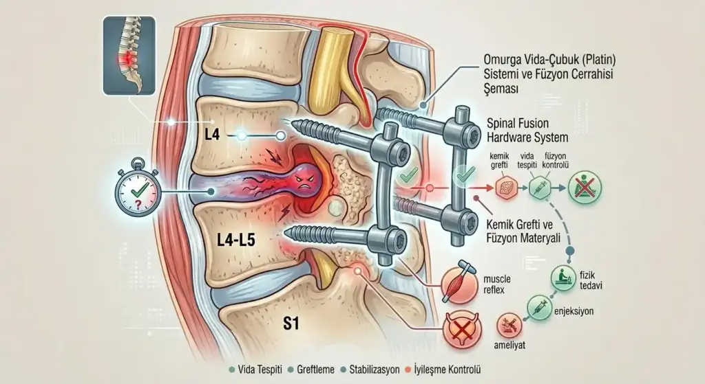 Omurgayı stabilize etmek için kullanılan vida-çubuk sistemini, kemik grefti uygulamasını ve cerrahi sonrası hedeflenen füzyon (kemik kaynaması) sürecini özetleyen teknik infografik.