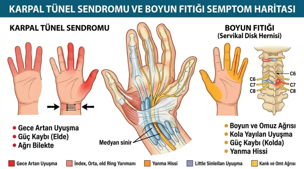Karpal tünel sendromunda etkilenen parmaklar (ilk 3.5 parmak) ile boyun fıtığında kola yayılan uyuşma bölgelerini gösteren karşılaştırmalı el anatomisi ve semptom tablosu.