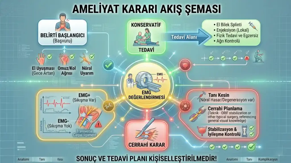 Belirti başlangıcından cerrahi karara kadar uzanan; konservatif tedavi (splint, fizik tedavi), EMG değerlendirmesi ve nöral hasar tespiti adımlarını içeren tıbbi karar verme algoritması.