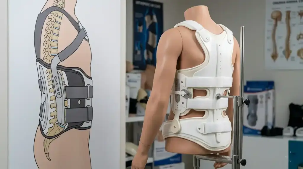 Omurga kırığı şüphesiyle başlayan; X-ray ve BT tanısı, fizik muayene, konservatif takip (korse) ve cerrahi fiksasyon (vida-plak) adımlarını içeren klinik akış diyagramı.