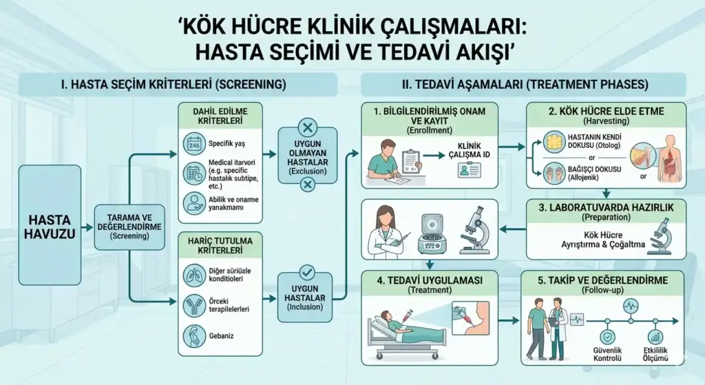 Kök hücre klinik araştırmalarında dahil edilme ve hariç tutulma kriterleri ile hücre eldesi, laboratuvar hazırlığı ve takip aşamalarını içeren tedavi akış diyagramı.