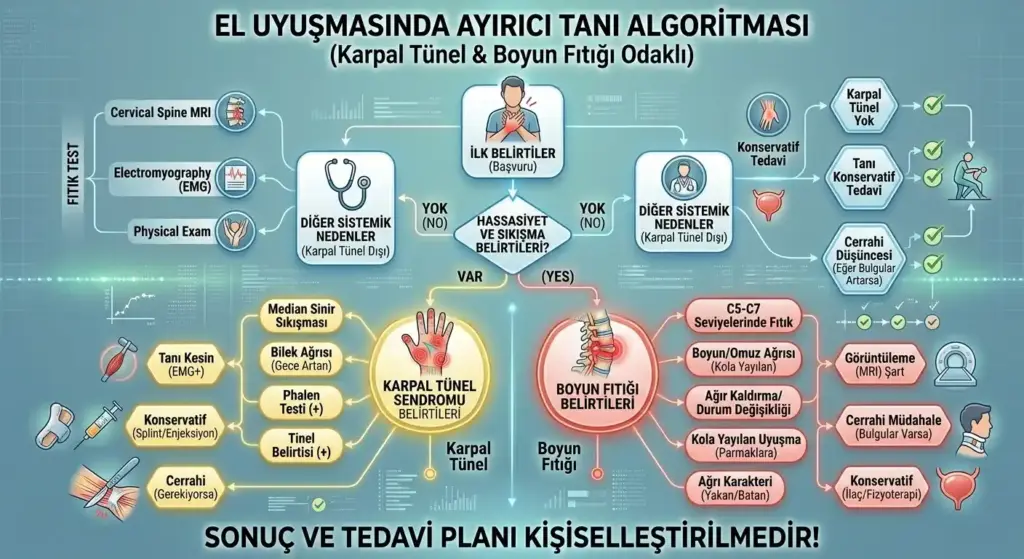 El uyuşması şikayetiyle başlayan, fiziksel muayene, EMG ve MRI adımlarıyla karpal tünel veya boyun fıtığı teşhisine giden tıbbi karar verme akış şeması.