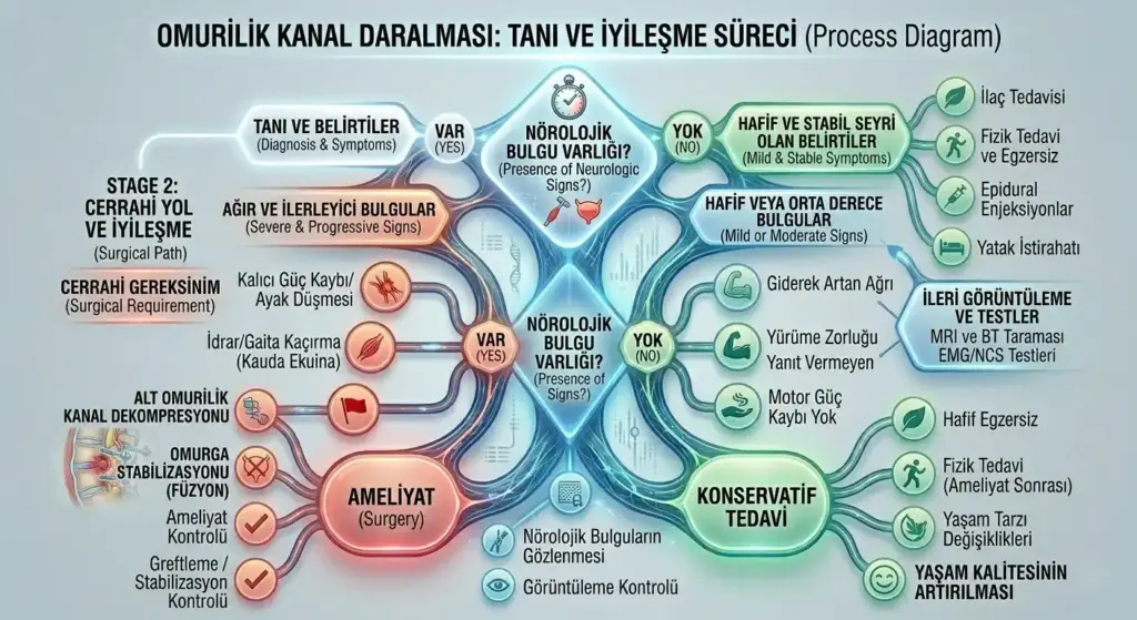 Belirtilerden cerrahi kararına, ameliyat tekniklerinden (dekompresyon ve füzyon) iyileşme sonrasındaki yaşam kalitesine kadar olan tüm süreci özetleyen kapsamlı akış diyagramı.