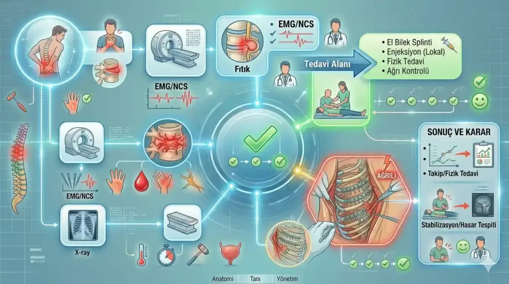 Omurga kırığı tedavisinde korse ile konservatif takip ile ameliyat ile vida-plak fiksasyonu yöntemlerini, avantajlarını ve iyileşme süreçlerini karşılaştıran tıbbi panel.