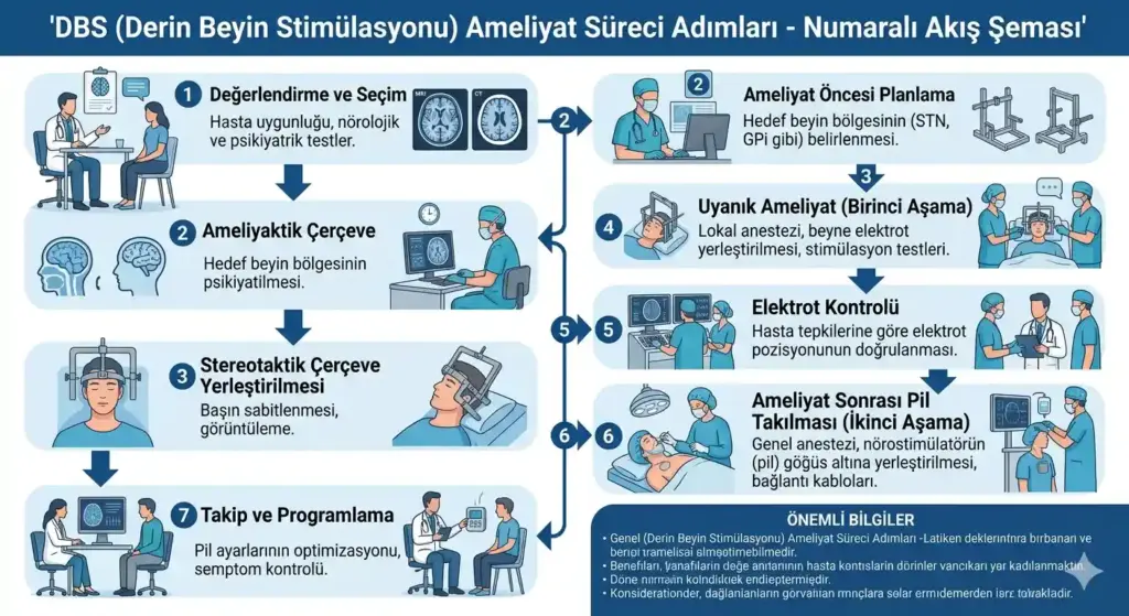 Derin Beyin Stimülasyonu (DBS) ameliyatı aşamaları akış şeması; değerlendirme süreci, stereotaktik çerçeve yerleştirilmesi, uyanık cerrahi ve pil programlama adımları.