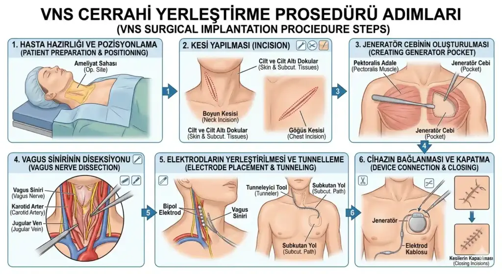 Epilepsi pili (VNS) ameliyatı aşamaları; boyun ve göğüs kesisi, vagus siniri diseksiyonu, elektrod tünelleme ve jeneratör bağlantısı adımları akış şeması.