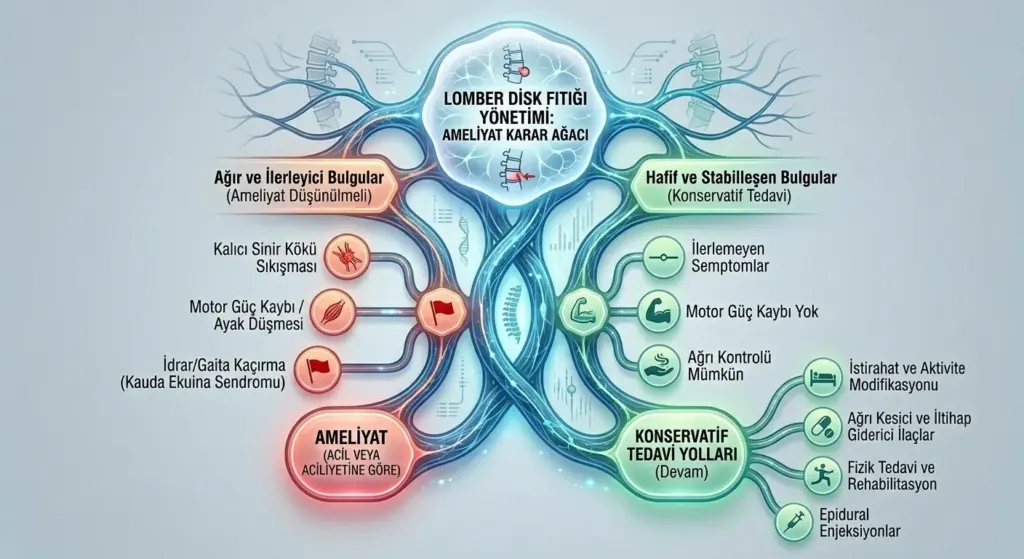 Bel fıtığı (Lomber Disk Hernisi) tedavisi için ameliyat kararını ve konservatif tedavi seçeneklerini içeren, bulgulara göre dallanan Türkçe karar ağacı diyagramı.