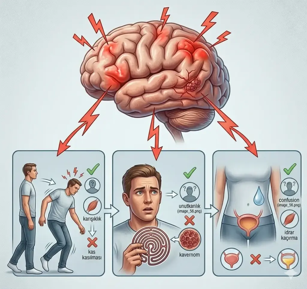 Normal Basınçlı Hidrosefali (NBH) hastalığının üç ana belirtisi olan yürüme bozukluğu, bilişsel zayıflama (unutkanlık) ve idrar kaçırma semptomlarını gösteren tıbbi infografik.