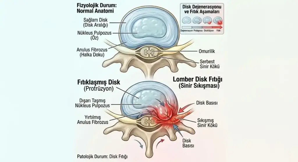 Sağlıklı bir lomber vertebra ile fıtıklaşmış disk parçasının spinal sinir kökünü sıkıştırdığı fıtıklı vertebranın karşılaştırmalı anatomik kesit şeması.