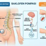 Baklofen pompası sistemi anatomik yerleşimi; karın bölgesindeki ilaç haznesi, omurilikteki kateter ve şiddetli kasılmalar (spastisite) üzerindeki gevşetici etkisini gösteren "Öncesi/Sonrası" şeması.