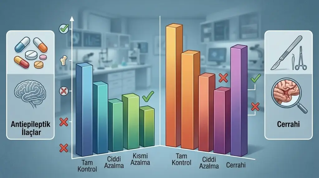 Antiepileptik ilaç tedavisi ve cerrahi müdahalenin nöbet kontrolü başarı oranlarını karşılaştıran sütun grafik infografiği.
