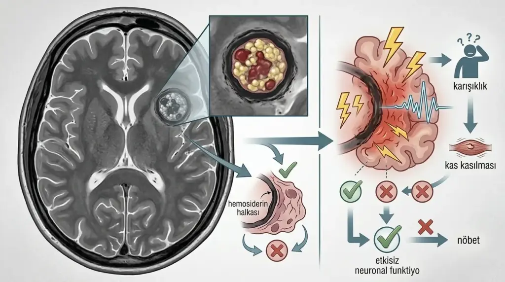 Beyin MRI kesitinde kavernom odağı, çevresindeki hemosiderin halkası ve elektriksel nöbet aktivitesini gösteren şematik tıbbi görsel.
