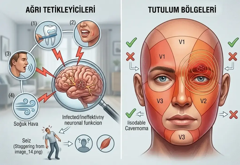 Yüzde trigeminal nevralji ağrı tetikleyicilerini (diş fırçalama, çiğneme, rüzgar) ve sinir dallarının (V1, V2, V3) tutulum bölgelerini gösteren tıbbi infografik.